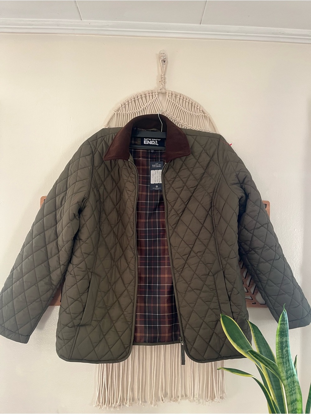 NWT Lands' End Quilted Barn Jacket Coat Olive Green Corduroy Plaid M